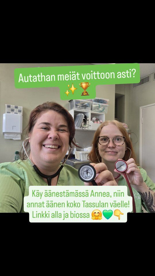 Uskomatonta mutta totta, myö ollaan finaalissa ja ennätyksellisen 3 ehdokkaan kanssa!🥳💫🎉Ihan ekaks myö halutaan kiittää sinua kaikesta tuesta. Tää on meidän yhteinen voitto!🤗Tassulasta pääsi finaaliin ennätyksellisesti 3 ehdokasta, Anne, Susku ja Deivi. Myö ollaan tästä ihan älyttömän ylpeitä!🥰🙏Jotta myö saatais pysti kotiin Kotkaan, nyt on aika puhaltaa yhteen hiileen. Keskitetään äänet ja annetaan ne tällä kertaa Annelle, sillä ääni Annelle on ääni koko Tassulalle ja meiän tiimille, sekä sille työlle, mitä myö tehdään täällä joka päivä sinua ja sun lemmikkiä varten ❤️🏆Näin päästäisiin ihan koko Tassulan väen voimin juhlistamaan sun kanssa äänestyksen voittoa!🤗⏳️Nyt on enää viikonloppu aikaa äänestää!Käythän antamassa äänesi täällä: https://www.kymensanomat.fi/paikalliset/9146406 (linkki myös biossa)Kiitos niin paljon, kun oot mukana meiän matkassa! Tehdään tästä yhdessä totta!✨️🤗#eläinklinikkatassula #finaali #yhdessä #kymensanomat #Kotka
